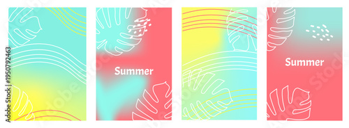 Summer set poster Abstract colorful gradient and floral element mesh background. Design social media posts, landing pages, and apps. Vector illustration.