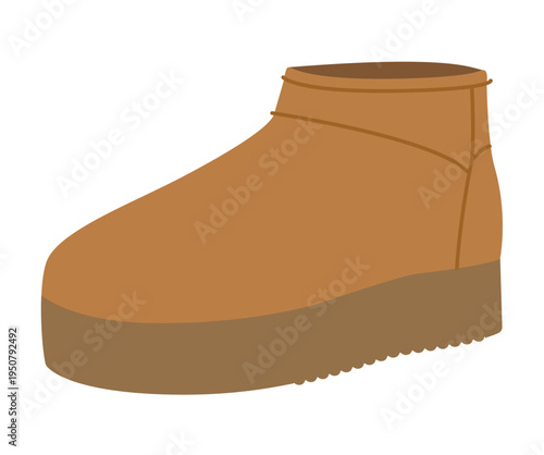 Camel platform winter boot women color flat. Chunky sole short fleece boot for trendy cold season wardrobe and everyday looks. Technical fashion illustration CAD mockup smooth vector man unisex