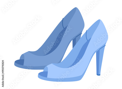 Peep toe pump women blue heel flat pair. Open toe fashion dress footwear for party, wedding, warm season. Technical illustration, CAD mockup, smooth vector men unisex isolated romantic chic style.