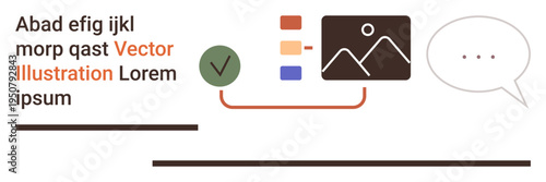 Data presentation, digital communication, workflow processes, content creation, organization tools, graphic design. Icons include a check mark, image box and speech bubble. Data presentation