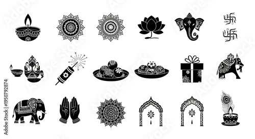 Intricate Diwali Festival of Lights Set with Symbolic Cultural Motifs and Clean Vector Designs. transparent.