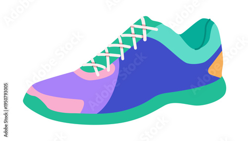 Woman running sneaker shoe flat. Neon inspired sport footwear for marathon, travel, bold street look. Technical fashion illustration, CAD mockup, smooth vector man unisex isolated sporty style.
