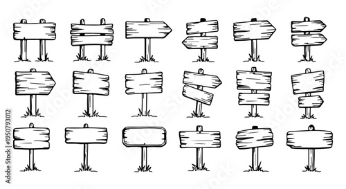 Hand Drawn Wooden Direction Signs and Arrow Boards Doodle Vector Set