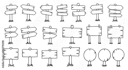 Hand Drawn Rustic Wooden Direction Signs and Boards Vector Set