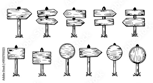 Doodle Style Blank Wooden Sign Boards Collection Vector Illustration