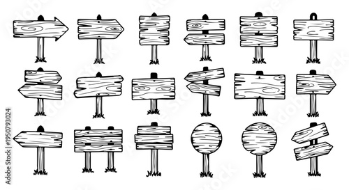 Wooden Signboard and Arrow Direction Doodle Line Art Illustration