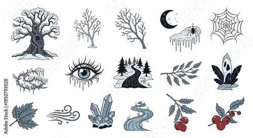Dark Academia Illustration Set of a Forest of Whispering Frost for Winter Folklore.
