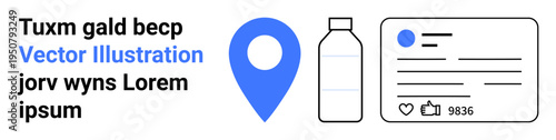 Navigation, social media, branding, product identification, digital communication, user interface design. Blue location pin, bottle user profile card with engagement symbols. Navigation and social