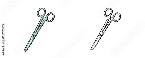 Medical surgical scissors in flat color and linear style light green and silver colors steel healthcare instrument for hospital or clinic equipment on white background