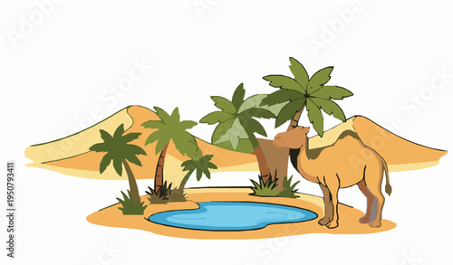 Camel Standing Near Oasis in Desert with Palm Trees Cartoon Vector Illustration