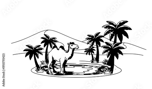 Desert Oasis Scene with Camel and Palm Trees Cartoon Landscape Vector