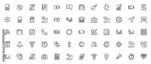Mobile interface icon set. Vector UI symbols for smartphone apps. Includes settings, battery, signal, wifi, call, camera, GPS, notifications and more. Editable thin line icons.