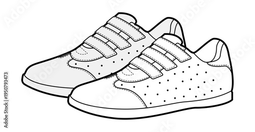 Velcro sneaker shoe sketch pair. Casual sport footwear with straps for kids style, easy wear for man woman unisex. Technical fashion illustration, CAD mockup, detailed vector isolated playful style.