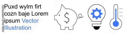 Finance, innovation, energy efficiency, temperature control, savings strategy, creative solutions. Piggy bank, gear in lightbulb thermometer . Finance and innovation concepts with clarity