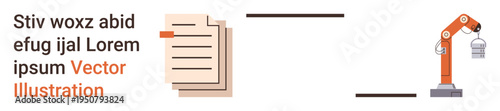 Automation, productivity, manufacturing, document management, robotics, industrial technology. A robotic arm, stack of documents and connected workflow. Automation and productivity concept