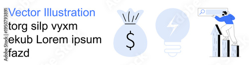 Business growth, finance, innovation, research, investment, analysis. Money bag with dollar sign, light bulb and person analyzing graph. Business growth and finance-focused design