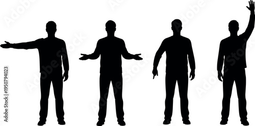 Black silhouettes of a man in various poses including pointing reaching out shrugging and raising hand isolated on white background