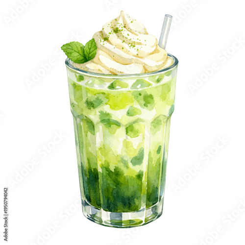 A watercolor iced matcha latte in a clear glass, featuring vibrant green matcha tea with ice, whipped cream topping, and fresh mint garnish, isolated on a transparent background.