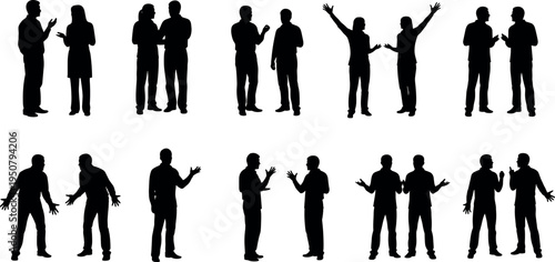 Black Silhouettes of People in Various Poses Including Business Meetings Casual Conversations Intense Arguments Group Discussions and Expressive Body Language Gestures