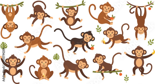 Cute monkey character set with various poses including hanging from branches holding bananas and sitting for jungle wildlife nature zoo and children design projects