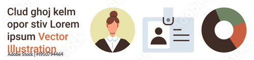 Identity verification, business analytics, data presentation, workforce management, organizational tools, corporate branding. Businesswoman avatar, ID badge and pie chart. Identity verification