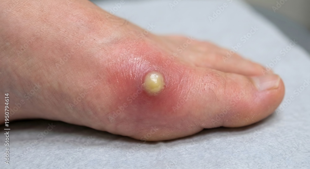 Fototapeta premium Close-up of an inflamed skin lesion with a prominent yellowish pustule on a human foot, indicating a potential bacterial infection or specific dermatological condition requiring medical attention
