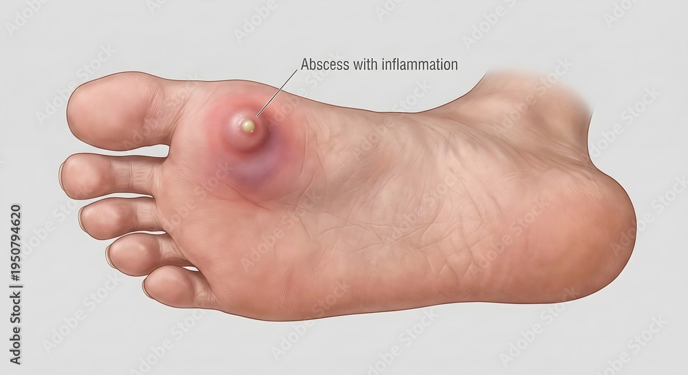 Obraz premium Detailed medical illustration depicting a human foot afflicted by a painful inflammatory lesion, showcasing a prominent swollen and red area with a central pus-filled lump on its sole