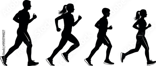 Family Running Silhouette Set with Father Mother Son and Daughter Jogging Together for Fitness Wellness Healthy Lifestyle and Outdoor Sports