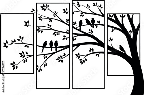 Black silhouette of a tree with birds on branches in four panels