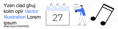 Scheduling, creative thinking, innovation, event planning, organization, music. ion of a calendar, person with a lightbulb and a music note. Scheduling and creative thinking concept