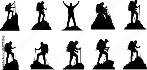 Mountain Hiker Silhouette Set with Trekking Poles and Backpacks Featuring Climbers Standing on Rock Peaks and Success Achievement Celebration Poses