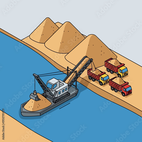 An illustration depicts a barge dredging sand, loading trucks, and stockpiling material.
