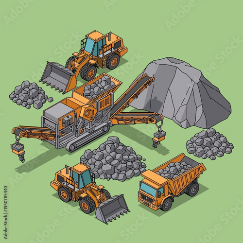 Isometric illustration of mining equipment, including loaders, a crusher, and a dump truck.