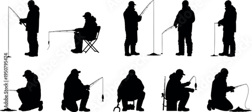 Set of Winter Ice Fishing Silhouettes Featuring Fishermen in Warm Clothing with Rods and Equipment Isolated on White Background