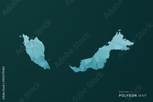 Malaysia Map - Polygon style vector illustration in green and blue low poly geometric design, clean minimal silhouette for infographic.