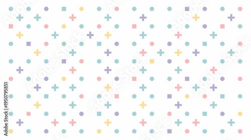 Clenical Pastel Geometric Pattern with Circles Plus Signs and Squares Creating a Clean Background Design