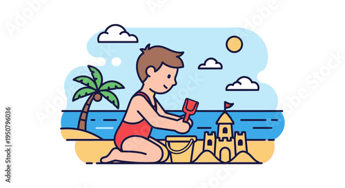 Young Girl Building Sandcastle on Beach.