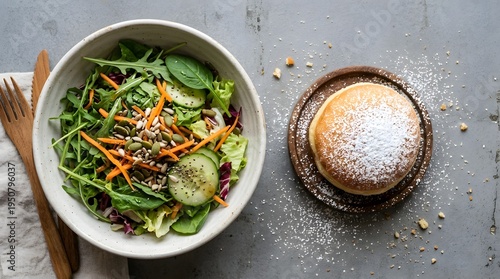 ​A top-down view of a healthy fresh green salad in a bowl next to a sweet powdered sugar donut on a grey concrete surface