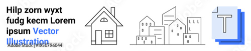 Real estate, city planning, design inspiration, housing development, architecture, branding. Minimalist line art of a house, urban buildings and text elements. Real estate and city planning concept