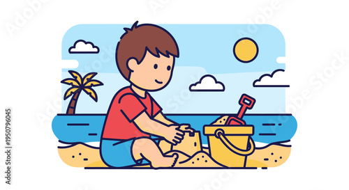 Young Boy Building Sandcastle on Beach.