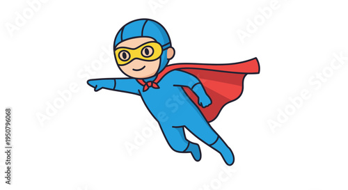 Cartoon Superhero Flying with Red Cape.