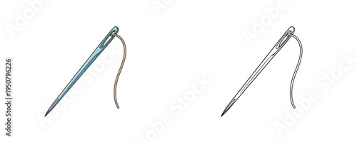 Medical needle with suture thread in flat color and linear style blue and beige colors surgical tool used for stitching wounds and surgery on white background