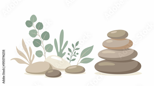 Clinical Wellness Illustration Featuring Stacked Zen Stones and Natural Botanical Elements for a Soothing Environment