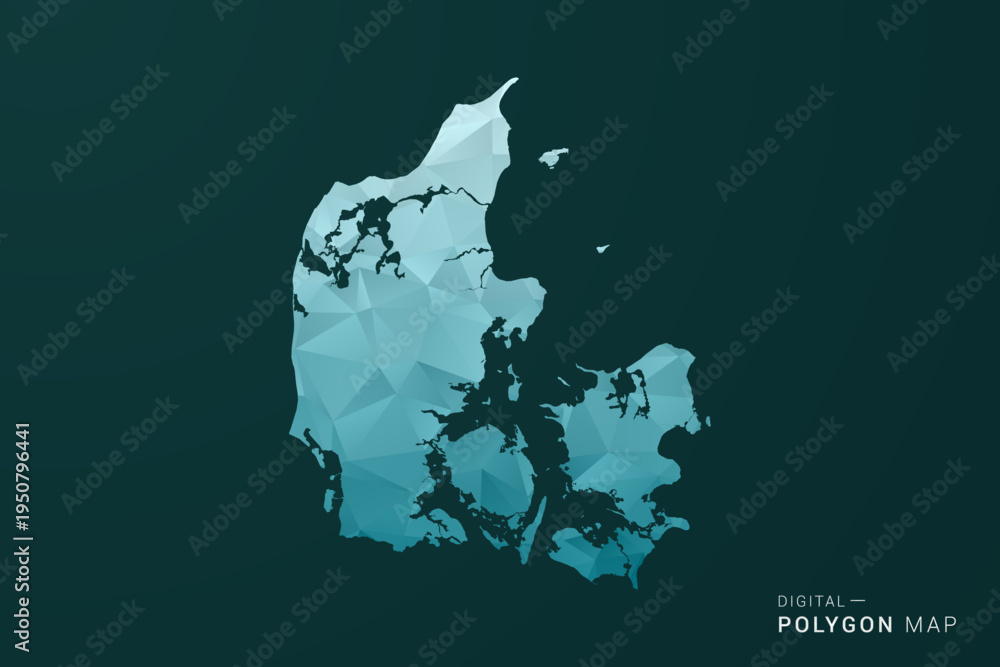Obraz premium Denmark Map - Polygon style vector illustration in green and blue low poly geometric design, clean minimal silhouette for infographic.