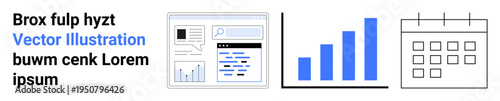 Business reports, planning tools, data analytics, productivity tools, online platforms, organization. Analytical dashboard, bar graph and calendar icons. Data analytics and productivity tools