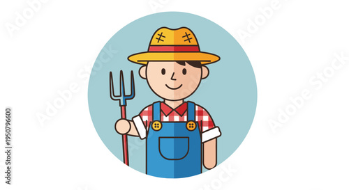 Cartoon farmer in overalls smiling.