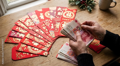 Hands preparing Malaysian Ringgit banknotes and placing them inside colorful, traditional money packets (sampul raya) as gifts for Eid al-Fitr (Hari Raya Aidilfitri) on a green tablecloth.