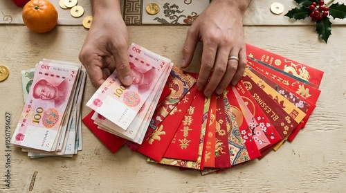 Hands preparing Malaysian Ringgit banknotes and placing them inside colorful, traditional money packets (sampul raya) as gifts for Eid al-Fitr (Hari Raya Aidilfitri) on a green tablecloth.