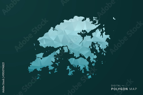 Hong Kong Map - Polygon style vector illustration in green and blue low poly geometric design, clean minimal silhouette for infographic.