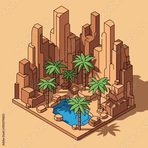 Isometric illustration of a desert oasis with palm trees, water, and rock formations.